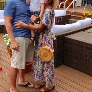 Boho Floral Maxi Dress in Cream with Pink & Blue Accents